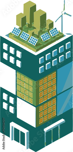 Smart Green Isometric Building Flat Vector Illustration