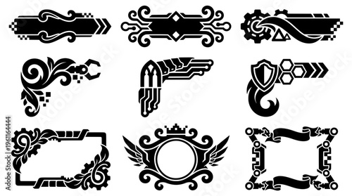 Set of black vector frames borders and corners mixing vintage ornamental swirls with sci-fi steampunk gears and cyberpunk tech interface elements