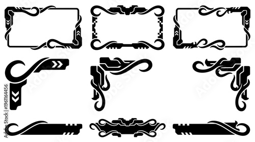Collection of black vector UI text frames, banners, and corners blending flowing tribal ornamental swirls with futuristic sci-fi tech panel designs