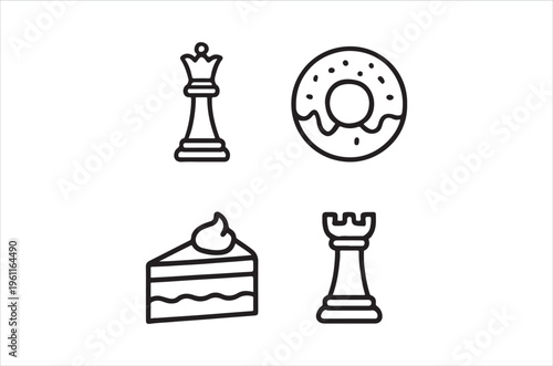 Simple line art illustration featuring a queen donut cake and rook