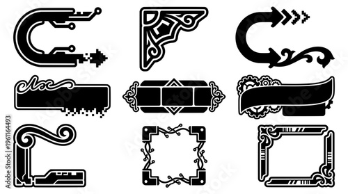 Collection of black vector UI banners, text boxes, and corner frames combining classic ornamental swirls, retro pixels, and sci-fi steampunk gears