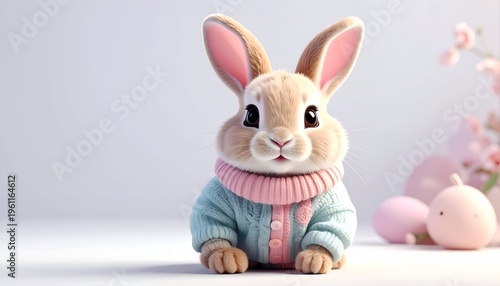 Adorable bunny wearing a sweater, surrounded by Easter eggs and blossoms