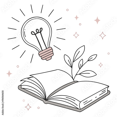 A line drawing of an open book with a plant growing out of it and a glowing lightbulb above, surrounded by sparkles