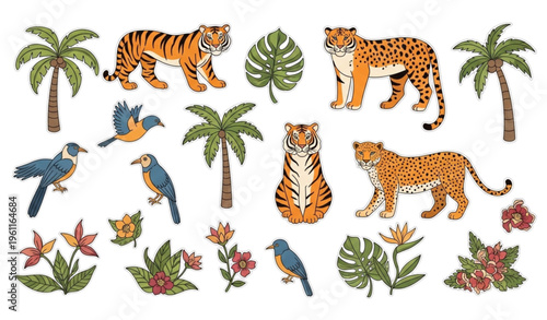 Retro Cartoon Jungle Stickers Vector Collection Exotic Animals Plants Doodle Set