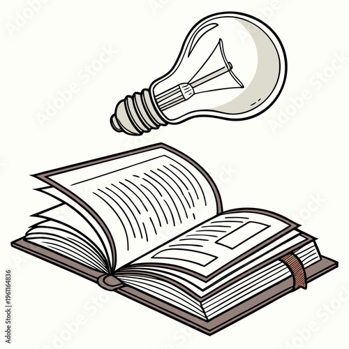 A cartoon illustration of an open book with a light bulb above it