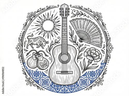 Spanish Cultural Elements Line Art Illustration with Guitar and Bull