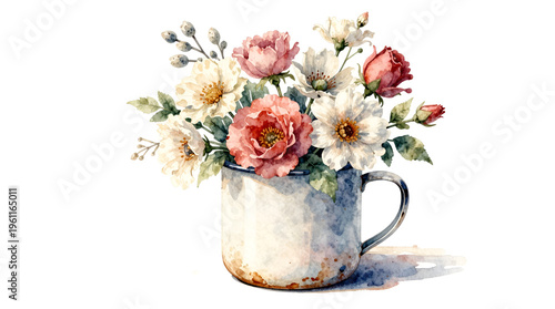 Watercolor illustration of flowers in an old enamel mug