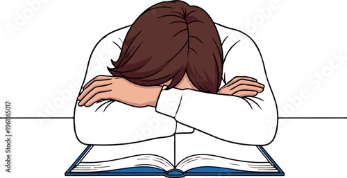 Frustrated student resting on desk with book
