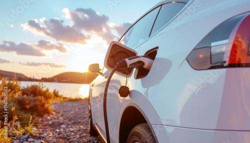 Electric Car Charging in Scenic Landscape: A modern electric vehicle charges amidst a picturesque scene, the charging cable plugged in as the sun casts a warm glow.