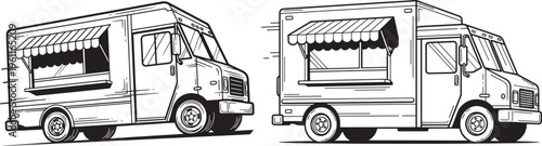 Two food trucks parked and open for business, mobile kitchen or street food vendor illustration, Food Truck