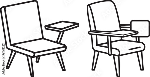 Two lecture chairs with writing tablets, classroom or study furniture illustration, simple outline drawing, Lecture Chair