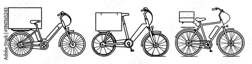 Electric cargo bike pictogram set with minimalist bold black strokes on white background featuring electric bike, cargo, green logistics with sustainable transport and environmental symbol