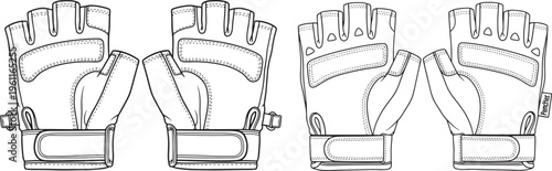 Four fingerless gloves for sports or training, athletic handwear outline illustration, simple sketch, White Background