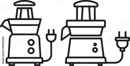 Two juicers with plugs, kitchen appliance illustration for making fresh juice, simple outline drawing, Food Preparation