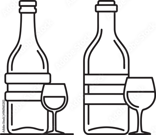 Line Art Icon Set: Wine Bottles and Glasses Isolated on White Background, Simple Minimalist Vector Graphics for Beverage and Celebration Themes, Food And Drink