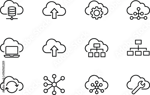 Cloud computing network icons featuring data storage and server upload symbols for hosting infrastructure set.