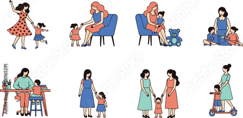 Mother and Child Daily Life Moments Set with Parenting, Learning, Playing, Walking, and Family Care Cartoon Vector Illustration