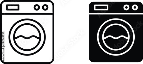 washing machine icon set with outline and solid fill versions for appliance representation