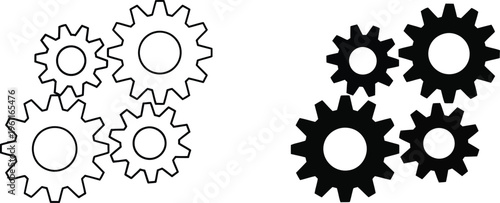 Set of black gear wheels icons with thin line and solid fill styles for mechanical engine engineering