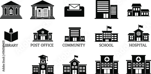 Public Building Icons Set Featuring Library, Post Office, School, Hospital, and Community Buildings for Urban and Civic Designs