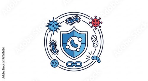 Immunization concept with shield surrounded by various microbes and bacteria on white background symbolizing health and protection