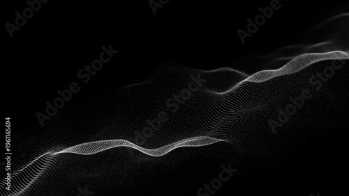 Futuristic moving wave. Digital dark background with moving particles. Big data visualization. 3d rendering