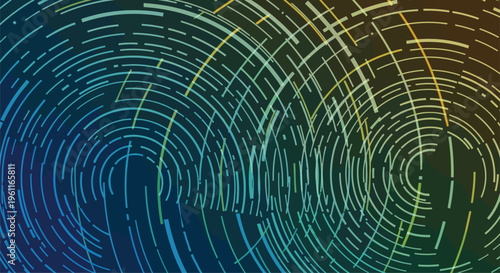 Abstract background featuring multiple overlapping concentric arcs and curved lines in a vibrant blue, green, and orange gradient, creating a dynamic pattern.