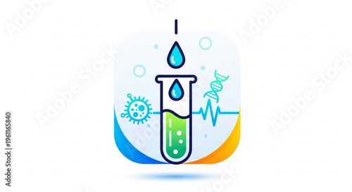 Medical test tube with green liquid and blue droplet on white background with virus and dna symbols