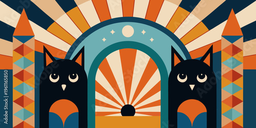 Abstract art featuring symmetrical patterns of black owl and fox silhouettes amidst colorful geometric arches and sunbursts, creating a whimsical and decorative design.