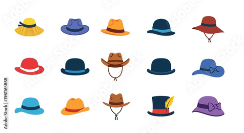 Diverse collection of colorful hats showcasing various styles and fashion accessories for different occasions.