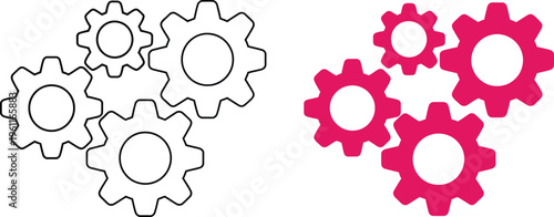 Four pink gear icons and matching black outline versions representing cooperation and synchronization