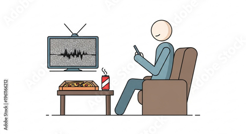 Person sitting on sofa watching tv and eating pizza while using phone in a cozy living room setting with modern devices