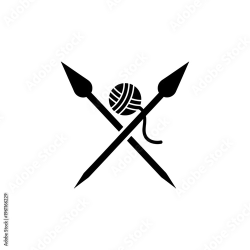 A striking black silhouette depicts crossed knitting needles with a yarn ball in the center silhouette