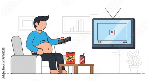 Man sitting on couch watching tv with snacks enjoying leisure time at home alone