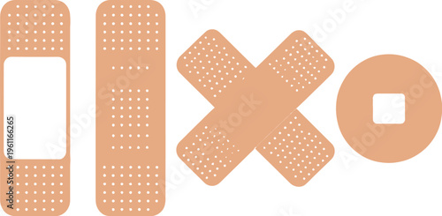 Adhesive bandage vector illustration, elastic medical plasters, isolated, transparent background, different shapes, healthcare set