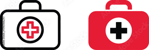 Red and black medical kit containers icons highlighting safety and professional first aid treatment
