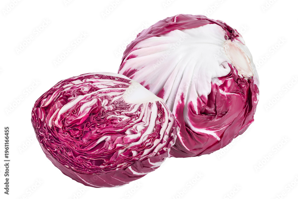 Obraz premium Fresh red radicchio salad half isolated on white background with full depth of field
