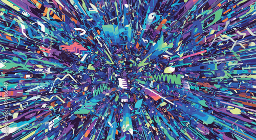 Dynamic abstract background featuring a radial burst of countless fragmented, colorful geometric shapes, creating an exhilarating sense of motion and explosion.