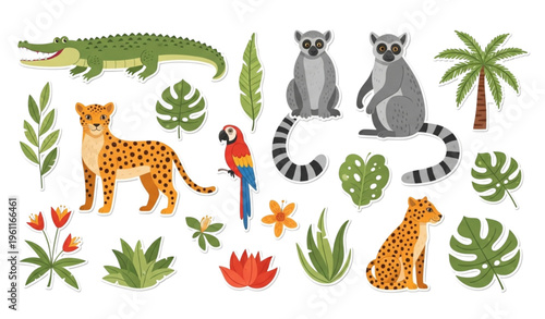 Retro Jungle Stickers Vector Collection Tropical Animals Plants Cartoon Doodle