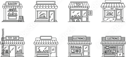 Retail Storefront Icons Set Featuring Bakery, Electronics, and Various Shop Designs for Local Business and Shopping Illustrations