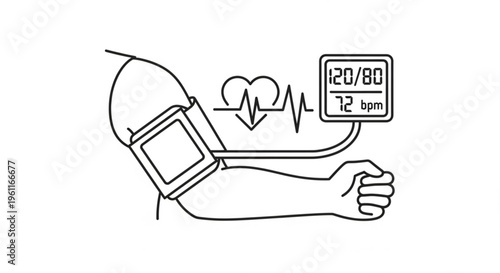 Person wearing blood pressure monitor on arm with digital display showing 12080 and 72 bpm
