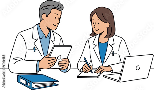 Two medical professionals discussing patient information