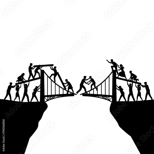 People crossing bridge silhouette teamwork.