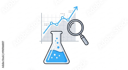 Business growth analysis with laboratory flask and magnifying glass on graph chart background