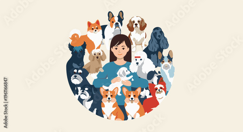 Woman surrounded by many dogs in a circular illustration