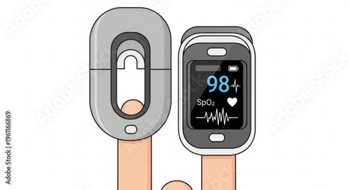 Pulse oximeter on finger showing oxygen saturation and heart rate with sensor detached