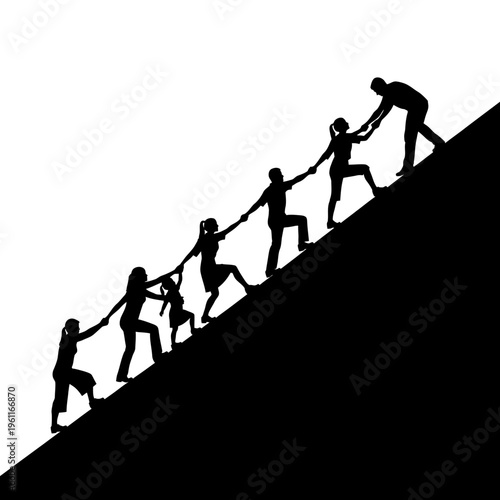 People helping each other climb up.