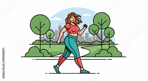 Woman walking in a park with trees and city skyline in background