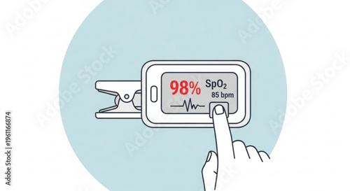 Hand interacting with pulse oximeter displaying 98 spo2 reading on screen with heart rate