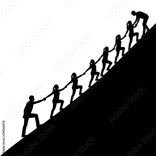 People helping each other up hill.